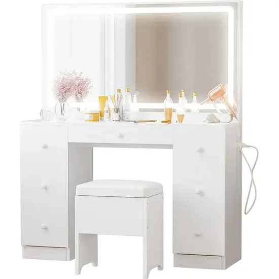 Wood Panel Lighted Mirror Vanity Modern Design with Storage Cabinet Makeup Vanities